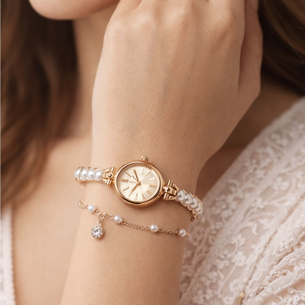 Luxurious Gold and Pearl Women's Watch & Matching Pearl Bracelet Set